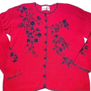 CAROLINA COLOURS women size L red cardigan knit sweater black floral embroidery